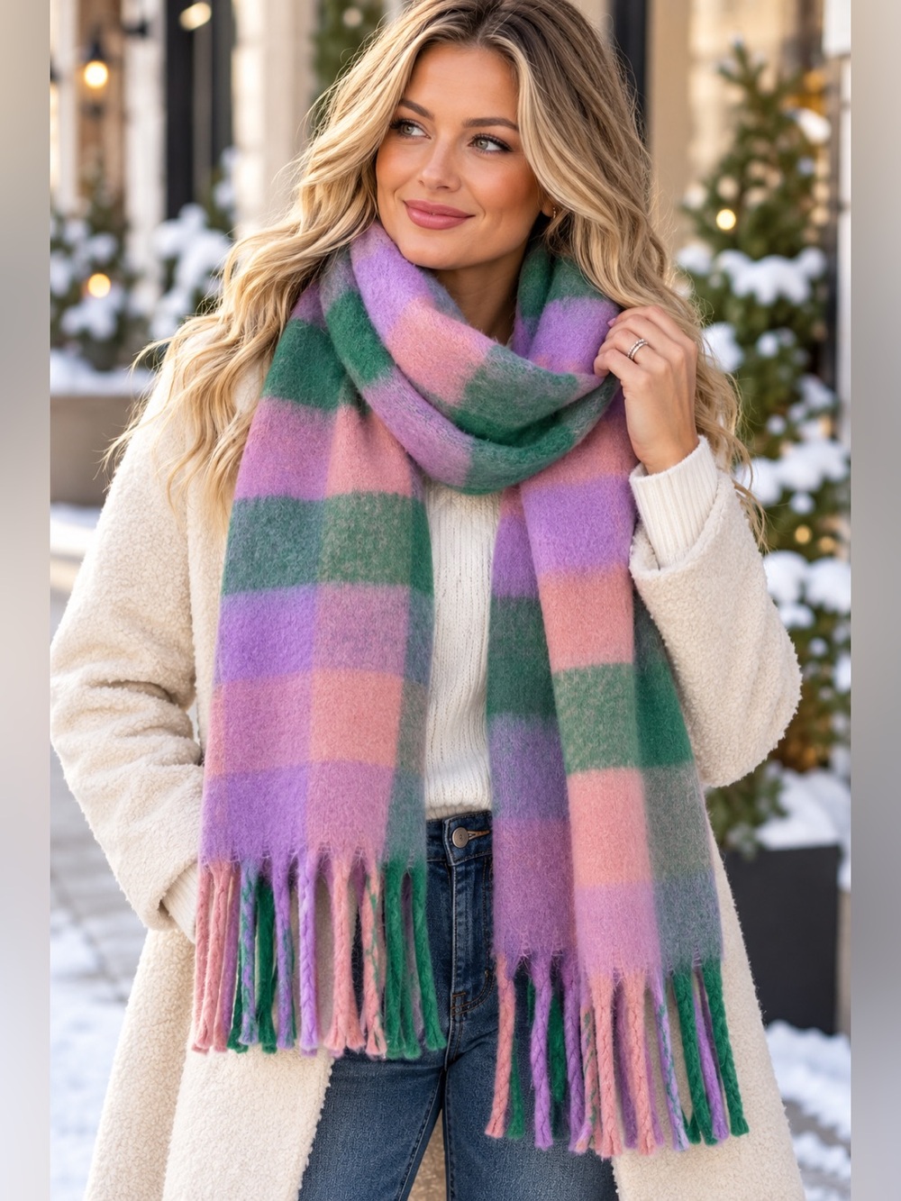 Wander Agio Winter Scarf Large Plaid Purple Green Pink Fringe NWT